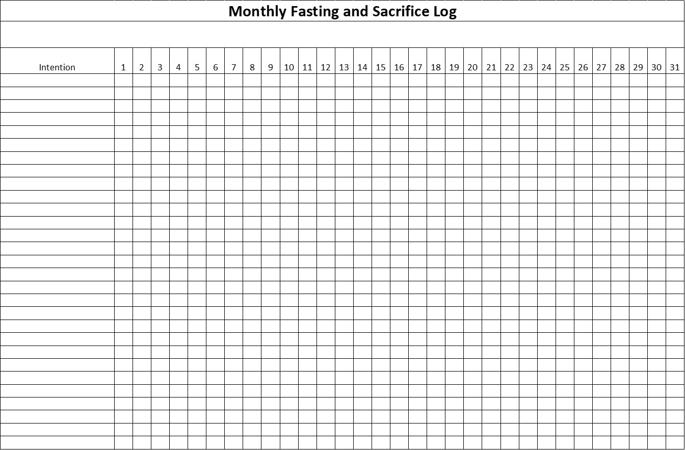 Monthly fasting and sacrifice log (blank form)